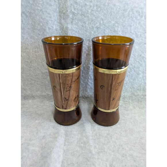 Set Of 2 Vintage Siesta Ware Western Cowboy Walnut Amber Highball Tiki Glass - Picture 5 of 9
